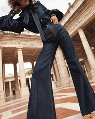 LIZAKOSHT - Women's Flared Pants New Autumn Fashion Imitation Denim Jeans High Waisted Loose Fit Split-Joint Casual Trousers