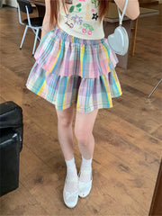 LIZAKOSHT - Rainbow Plaid Mini Skirts Preppy Style Women Slim Chic Sweet Party Summer 2024 High Street Daily Casual Gentle