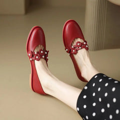 LIZAKOSHT - Ladies Summer Footwear Red Pearl Shoes for Women with Heel Flats Pointed Toe Normal Leather Casual Mary Jane Gothic Flat A