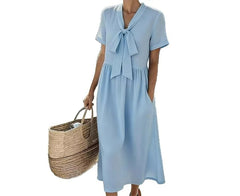 LIZAKOSHT - Summer New Bow V-neck Long Short-sleeved Solid Color Dress Temperament Casual Skirt