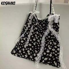 LIZAKOSHT - Girls Fairy Sweet Flower Print Women's Handbags Simple Ins Patchwork Lace Underarm Bag Fashion Y2k Aesthetic Shoulder Handbags