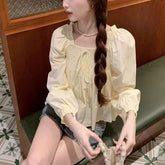 LIZAKOSHT - Autumn Mushroom Edge Square Neck Chiffon Long Sleeve Blouse for Women Autumn New Fashionable Unique Puff Sleeve Short Top