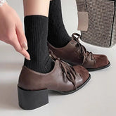 LIZAKOSHT - Vintage Brown maillard Style Casual Pumps Square Toe Patchwork Block Heels Lace-up Shoes Women