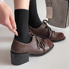 LIZAKOSHT - Vintage Brown maillard Style Casual Pumps Square Toe Patchwork Block Heels Lace-up Shoes Women