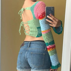 LIZAKOSHT - Knit Long Sleeve Pullover Sweaters for Women Casual Square Collar Short Slim Sweater Autumn Vintage Striped Jumper