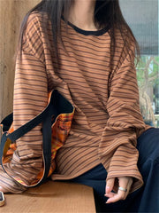 LIZAKOSHT  -  Loose Women T-Shirts Stripes All Match Full Sleeve Sweatshirt Chic Thicken Autumn Woolen Casual Vintage Outwear Tees