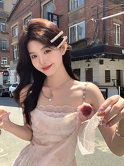 LIZAKOSHT  -  Elegant Sleeveless Strap Mini Dress Women Beach Style Lace Dress Even Party 2024 Summer Vintage One Piece Dress Korean Fashion