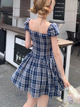 LIZAKOSHT - Y2K Plaid Short Dresses for Women Princess Birthday Party Dress Puff Sleeve Square Collar Bow Prom Summer Mini Vestidos Mujer