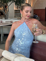 LIZAKOSHT - Retro Sequin Backless Halter Mini Dress Women Sexy Sleeveless Glitter Slim Fit Blue Short Dresses Lady Summer Chic Party Holiday