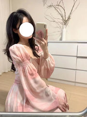 LIZAKOSHT - French Vintage Long Sleeve Floral Midi Dress Summer Elegant Party Pink Dress Woman Casual Fashion Chic Beach Chiffon Dress