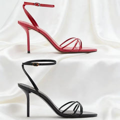 LIZAKOSHT - Elegant Red Ankle Strap High-heeled Sandals Women Narrow Straps Hollow High Heels Ladies Luxury Weddings Bridal Designer Pumps