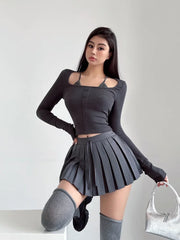 LIZAKOSHT - Grey Pleated Skirt Women Drawstring Lace Up Summer Preppy Style High Waist Y2K Mini Short Skirts Culottes White