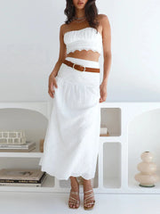 LIZAKOSHT - Women 2 Piece Skirt Set Summer Outfit Solid Color Eyelet Strapless Tube Tops High Waist Long Skirts Clothes Set Party Streetwear