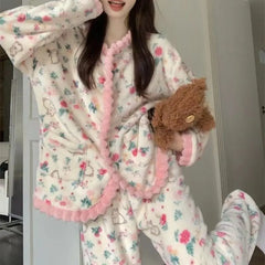 LIZAKOSHT - Coral Fleece Pajamas Women Autumn Winter Print Thickened Plush Sleepwear Cardigan Suit Warm Soft Homewear Long Sleeves Pajamas