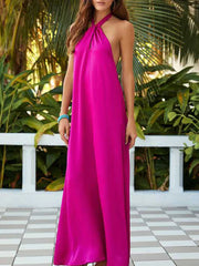 LIZAKOSHT - Casual Loose Sleeveless Beach Dress Women Solid Hollow Out Long Maxi Dress Summer Sexy Backless Solid Strap Cover Up Sundress