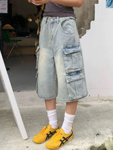 LIZAKOSHT - High Street oversized washed vintage multi pocket workwear jeans for women Y2k high waisted Harajuku loose drape wide leg shorts