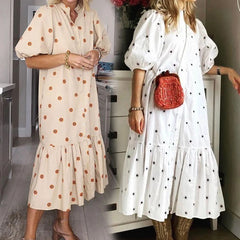 LIZAKOSHT - Loose Print Midi Dresses for Women Summer Ruffled Hem Beach Long Dress Short Sleeve Elegant Vestidos Casual Female Clothes