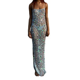 LIZAKOSHT - Elegant Lace Maxi Dress Sleeveless V-Neck Floral Embroidery Mesh Overlay Evening Gown with High Slit and Open Back