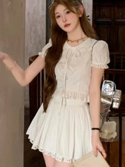 LIZAKOSHT - Y2K Two-piece Skirt Set Women Puff Sleeve Kawaii Shirt Ruffles A-line Lace Mini Skirt Korean Fashion Casual Summer Solid Suit