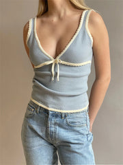 LIZAKOSHT - Contrast Lace-Up Backless Tank Top For Women Summer Fashion V-Neck Cropped Y2k Top Vest Strapless Slim Female Tank Top New
