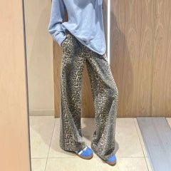 LIZAKOSHT  -  Leopard Chic Loose High Waist Straight Leg Jeans Women Clothing Y2k Fashion High Street Wide Leg Pants Retro Hot Girl Trousers