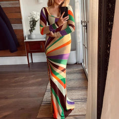 LIZAKOSHT - Chic Rainbow Printed Fashion Slimming Long Sleeve Bodycon Multi Color Patchwork Casual Sexy Package Hip Long Dress Clubwear