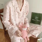 LIZAKOSHT - Koera Style Women's Pajama Set 2 Pcs with Pant Ladies Bear Print Sleepwear Long Sleeve Single Breasted Plaid Pyjama Suit Female