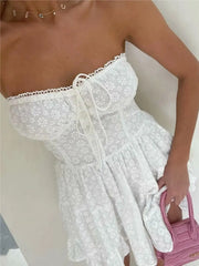 LIZAKOSHT - Evening Party Embroideryed Dress Elegant Summer Solid Color White Lace dress Off Shoulder Short Dress Front Tie Back Shirred
