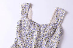 LIZAKOSHT - European and American Style Women's New Floral Print Heart-shaped Collar Waist Slim Strap Dress