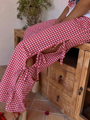 LIZAKOSHT - Women Wide-Leg Pants Plaid Side Tie-Up Hollow-Out Loose Trousers Spring Summer Casual Sweatpants Bottoms Leisure Daily