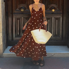 LIZAKOSHT - Polka Dot Print Sexy Long Dress Vintage Backless Hight Waist Draped Party Dresses Women's V-Neck Sleeveless Suspender Dress