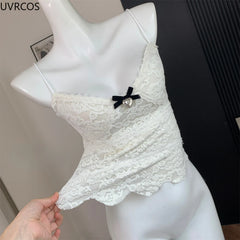 LIZAKOSHT - Kawaii Cute Lolita Style White Vest Women Vintage Elegant Lace Bow Camisole Crop Top Female Korean Casual Sweet Slim Fairy Tanks