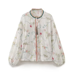 LIZAKOSHT - 2024 Women Floral Embroidery Boho Blouse Shirt Vintage Puff Sleeve Round Neck Female Holiday Summer Tops