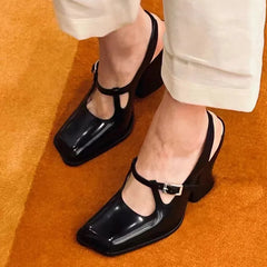 LIZAKOSHT - Fashion Black Patent Leather Mary Janes Slingbacks Women Pumps Spring Summer Wave Toe Chunky High Heels Office Lady Daily Shoes