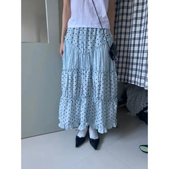 LIZAKOSHT - Mint Green Polka Dot Half Skirt with Lace Splicing Retro Style Korean Waist Design Polyester Fabric H-Shape Long Skirt