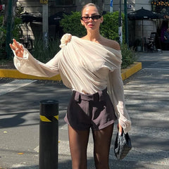 LIZAKOSHT - Sexy Elegant Irregular Oblique-neck Rose Flower Applique T Shirt Summer Off Shoulder Long Sleeve Crop Tops Street Mesh Tees