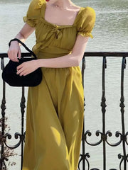 LIZAKOSHT - Summer Green Square Collar France Style Party Dress Women Puff Sleeve High Waist Holiday Beach Dress Ruffle vintage Dress