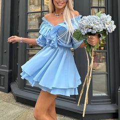 LIZAKOSHT - Casual Pleat White Mini Dress Elegant V-neck Flared Sleeve A-Line Dress Women Fashion Drawstring Design Ruffle Short Dress