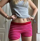 LIZAKOSHT - Womens Striped Knit Shorts Y2K Low Rise Stretch Bobycon Mini Shorts Vintage Color Block Crochet Bottoms Streetwear