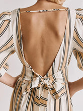 LIZAKOSHT - Women Fashion Midi Dress Vintage Striped Print Contrasting Lantern Sleeve Backless Tie-up Waist A-Line Dress Casual Streetwear