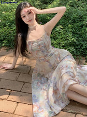 LIZAKOSHT - French Style Fairy Romantic Floral Printed Camisole Dress Ladies New Casual Beach Holiday Dresses Summer Midi Women Robe