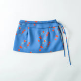 LIZAKOSHT - Summer Girl Bandage Lacing Up Sashes Ruched Waist Blue Floral Print Mini Skirts Fashion Women Zip up Waist A-lined Short Skirts