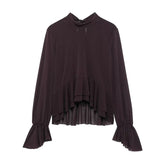 LIZAKOSHT - Elegant Shirts Women Loose Ruffles O Neck Long Sleeves Shirt Female 2025 Spring Summer Fashion Solid Soft Lace Up Chiffon Tops