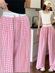 LIZAKOSHT - Spring Summer Thin High Waist Women's Plaid Wide Leg Pants Casual Elasticded Trousers Vintage Loose All-match Pants