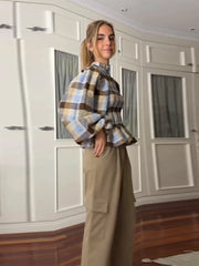 LIZAKOSHT - Elegant French Chic Blouse Shirt Pink Plaid Vintage Ruffles Long Lantern Sleeve Slim Casual Ladies Women Blouses Top Streetwear
