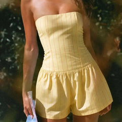 LIZAKOSHT - Elegant Hight Waist Street Summer Suit Sexy Strapless Sleeveless Crop Top & Short Set Women Fashion Striped Print 2 Piece Outfit