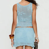 LIZAKOSHT - Vintage Knitted Outfits 2 Piece Set Sleeveless Hollow Out Tank Tops Vest + Pencil Skirt Floral Crochet Matching Suit