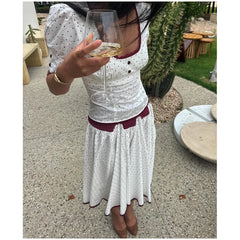 LIZAKOSHT - Solid Polka Dot Long Skirt Suit Women U Neck Short Sleeves Lace Ruffle Waist Cinching 2-piece Set Lady Summer Holiday Outfit New