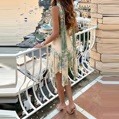 LIZAKOSHT - Fashion Print Off Shoulder Slim Dress Temperament Irregular Sleeveless Mini Dress Sexy Straps Backless High Waist Vacation Dress