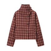 LIZAKOSHT - Autumn And Winter Retro Stand Collar Single-Breasted Plaid Jacket Women Outerwear